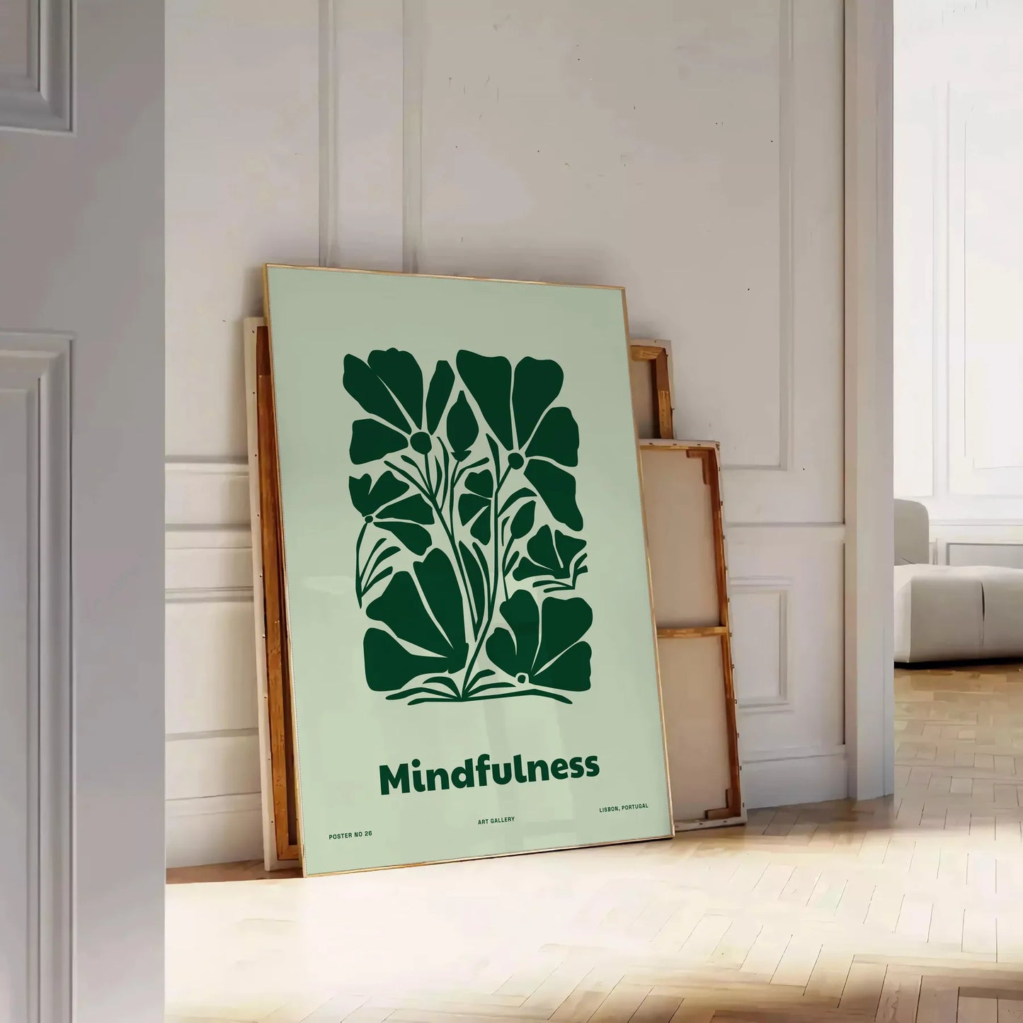 space mindfulness yoga poster serene green gray hues captivating wall art perfect artwork thoughtful gift enthusiasts décor lovers print today