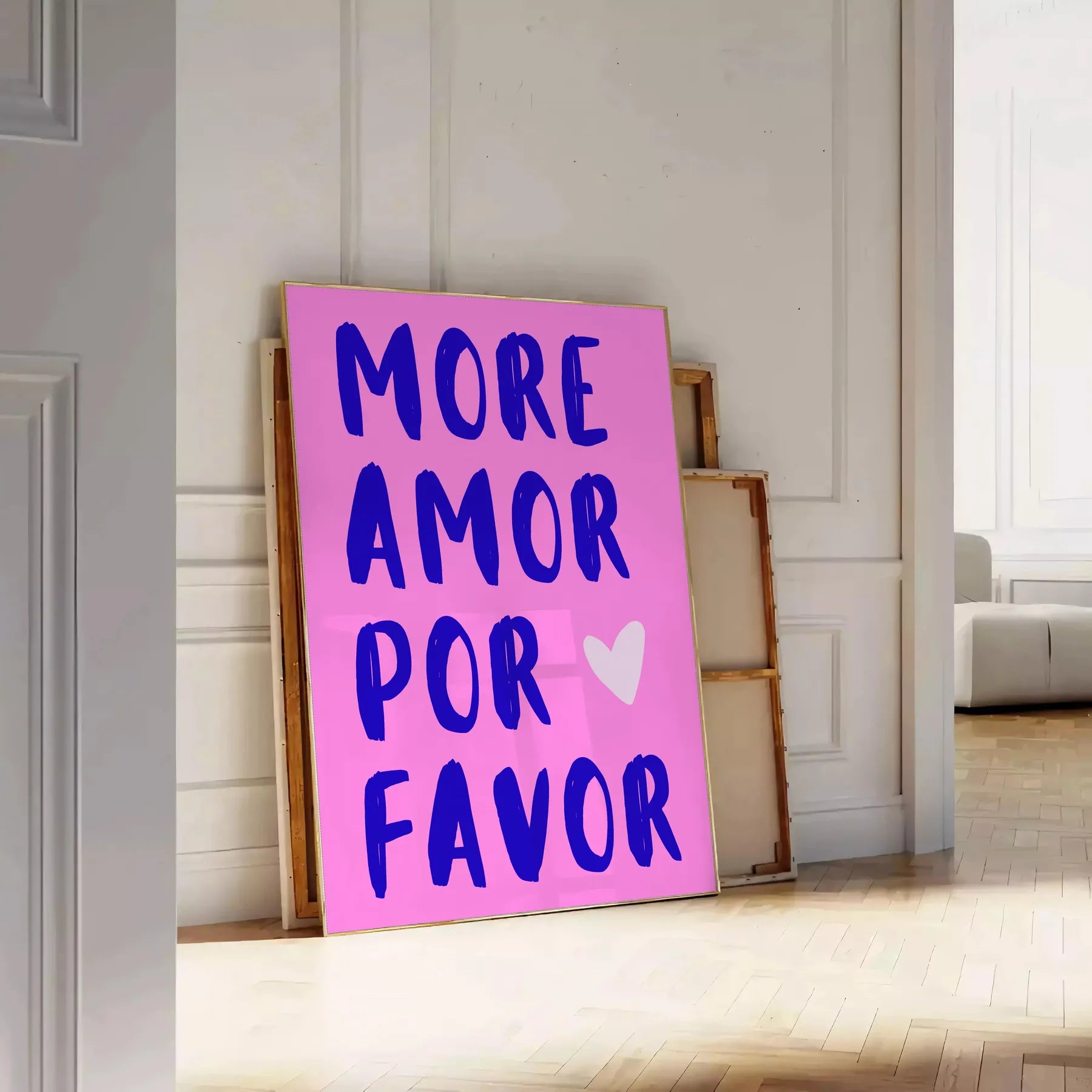 space Más Amor Por Favor motivational poster inspiring wall art piece blue purple tones thoughtful gift print various sizes A4 cm A0 room ambiance today