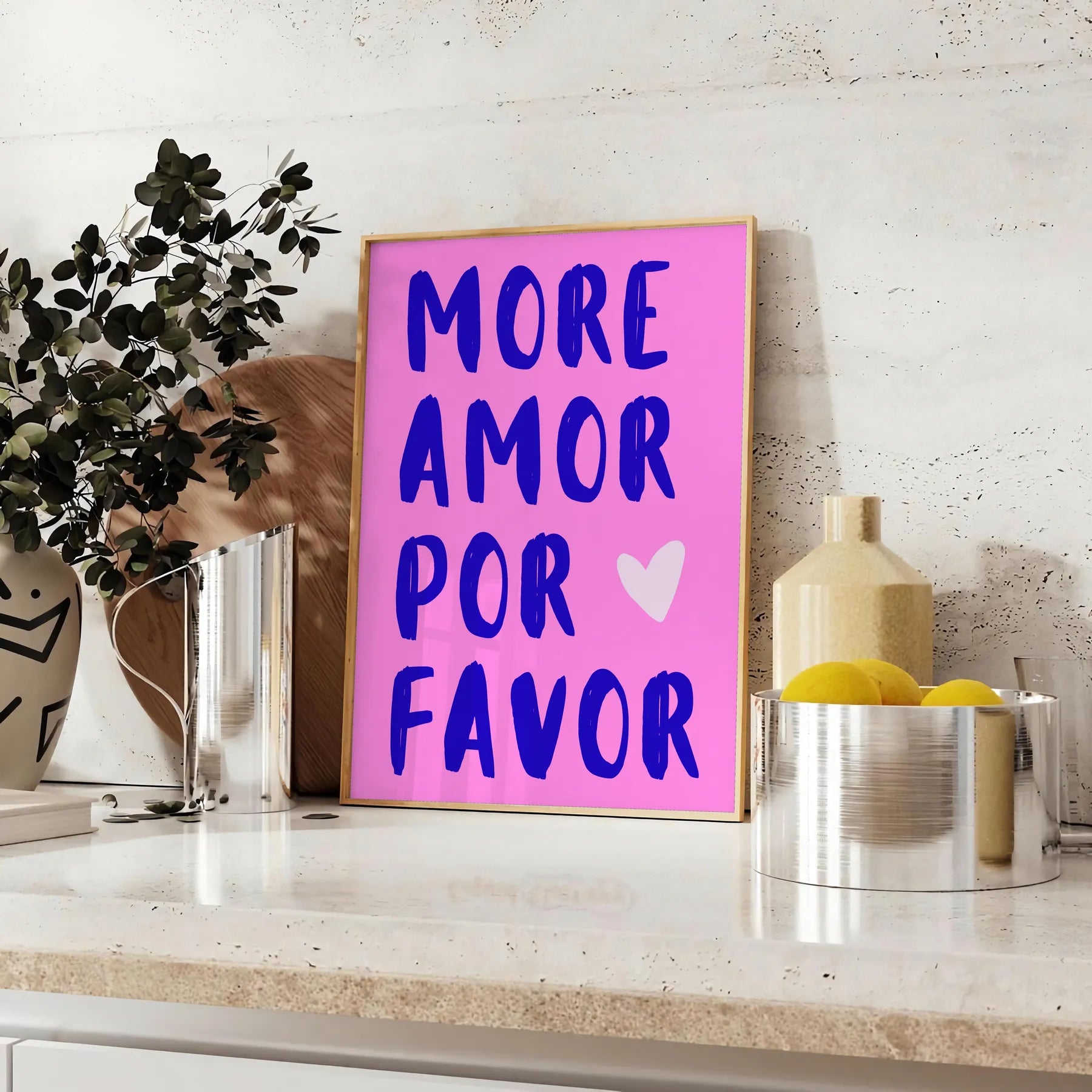 space Más Amor Por Favor motivational poster inspiring wall art piece blue purple tones thoughtful gift print various sizes A4 cm A0 room ambiance today