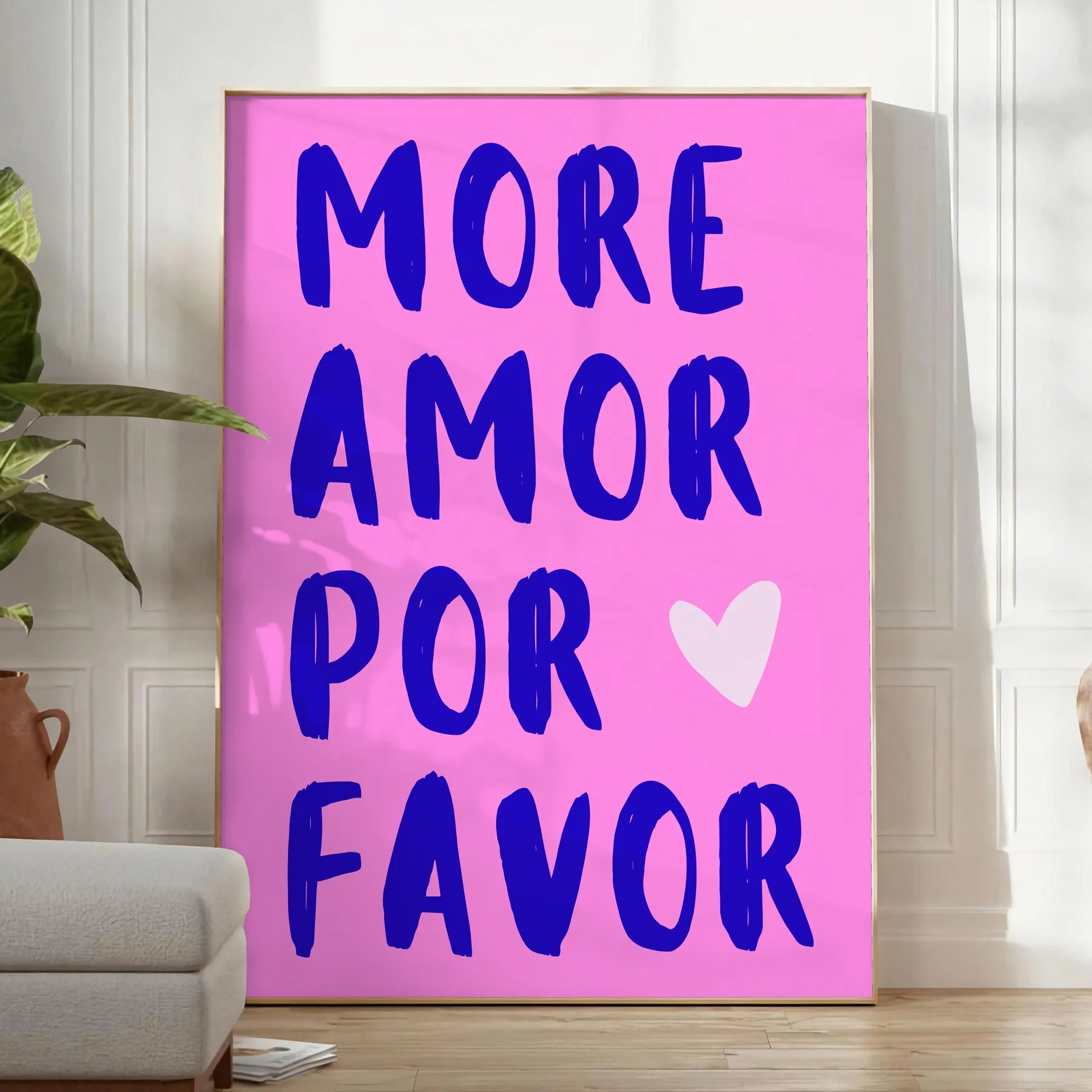 space Más Amor Por Favor motivational poster inspiring wall art piece blue purple tones thoughtful gift print various sizes A4 cm A0 room ambiance today